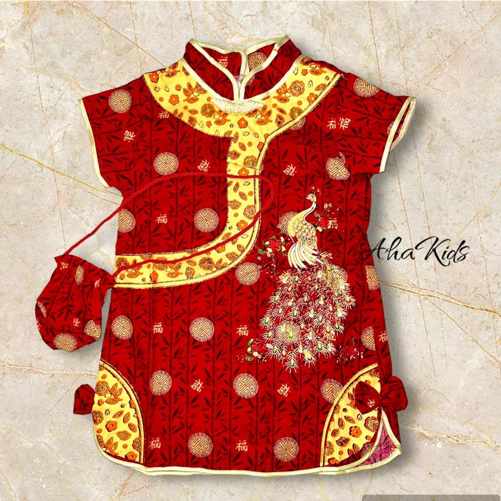 Hotss Baju Dress Cina Anak Perempuan Motif Burung Merak Lucu/Dress Cheongsam Anak Cewek Model