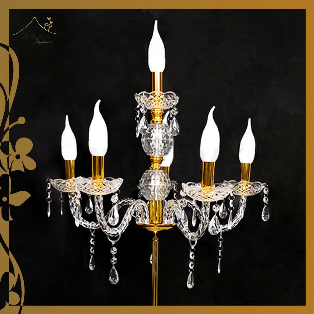 1 Set Lampu Standing / Berdiri Lilin Chandelier Cabang 6 Kristal Akrilik - Lampu dekorasi pelaminan