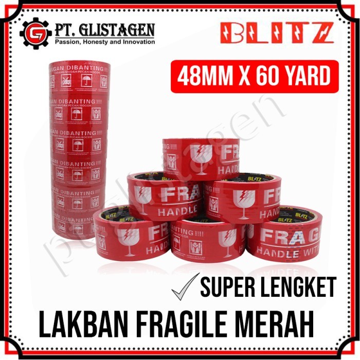 

Blitz Lakban Fragile Merah Lakban Segel Jangan di Banting Unboxing Tape Handle With Care 48MM x 60