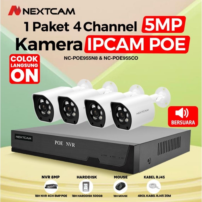 Nextcam paket kamera cctv POE 8 channel 8MP 4 Kamera 5MP camera tanpa perlu kabel listrik paket