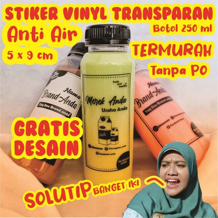 (Ukuran 5x9cm) Print Cut Stiker Transparan Label Minuman Botol 250ml