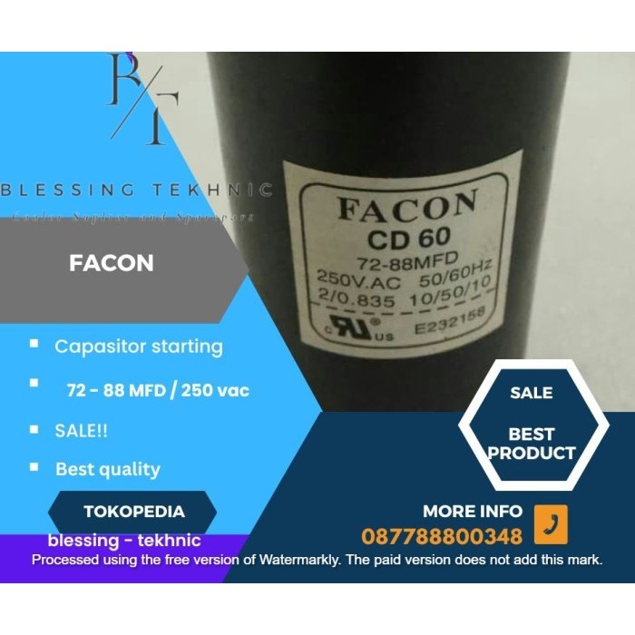 PRY88 FACON CAPASITOR 72-88MFD 250VAC 50/60HZ STARTING