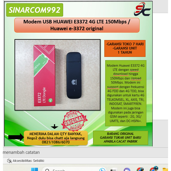Modem USB HUAWEI E3372 4G LTE 150Mbps / MODEM Huawei e-3372 original