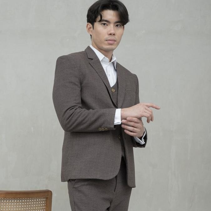 Promo Houseofcuff Jas Celana Vest Rompi Blazer Coklat Slim Fit Motif Kotak