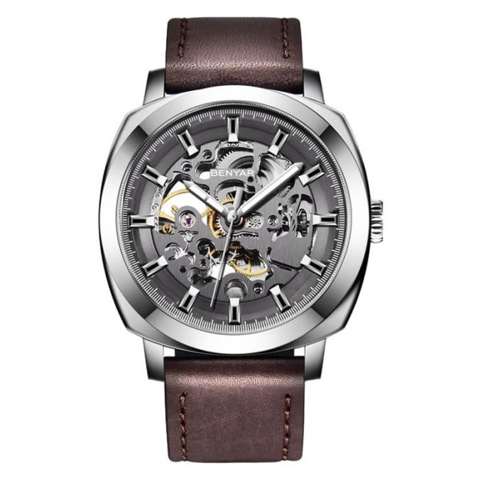 Murah Jam Tangan Pria Benyar By-5121Le-Slvgry Automatic Skeleton Dial Brown