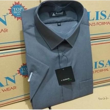 Kemeja Lengan Pendek Alisan Abu Tua Polos Pria Slimfit Bahan Berkualitas Premium