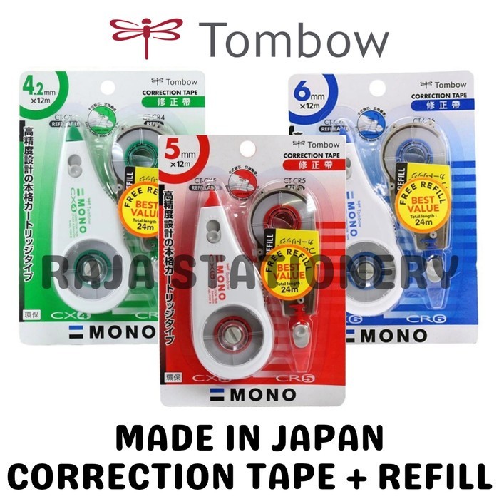 

Tombow Mono Correction Tape 12M + Refill Green Red Blue 4.2Mm 5Mm 6Mm Tipex Kertas Tipx Tombow Hijau