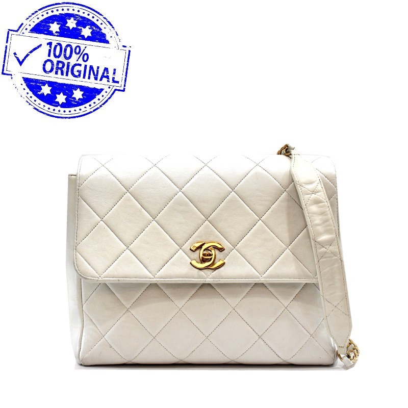 Preloved Channel Vintage Square Classic Flap White Ivory Lambskin Sling Bag GHW #3