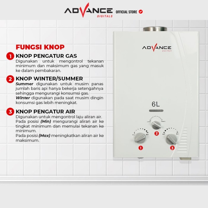 Water Heater Advance GWH50 Gas Pemanas Air Kamar Mandi Gas