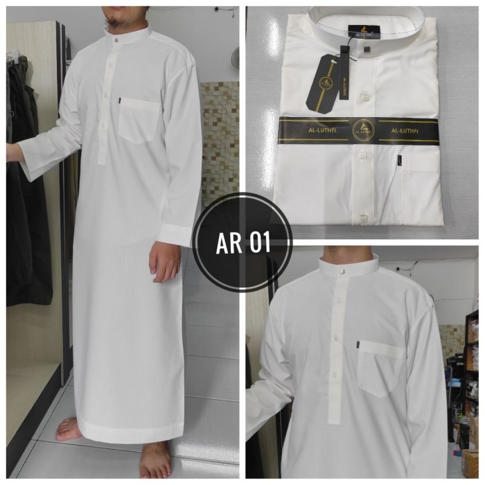 Murah Trend Fashion Outfit Baju Gamis Muslim Pria Jubah Putih al Lutfi model Haramain Non COD