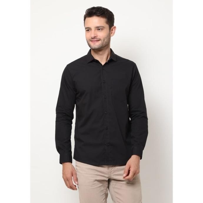 M231 Kemeja Pria Basic Polos Warna Hitam 1468D