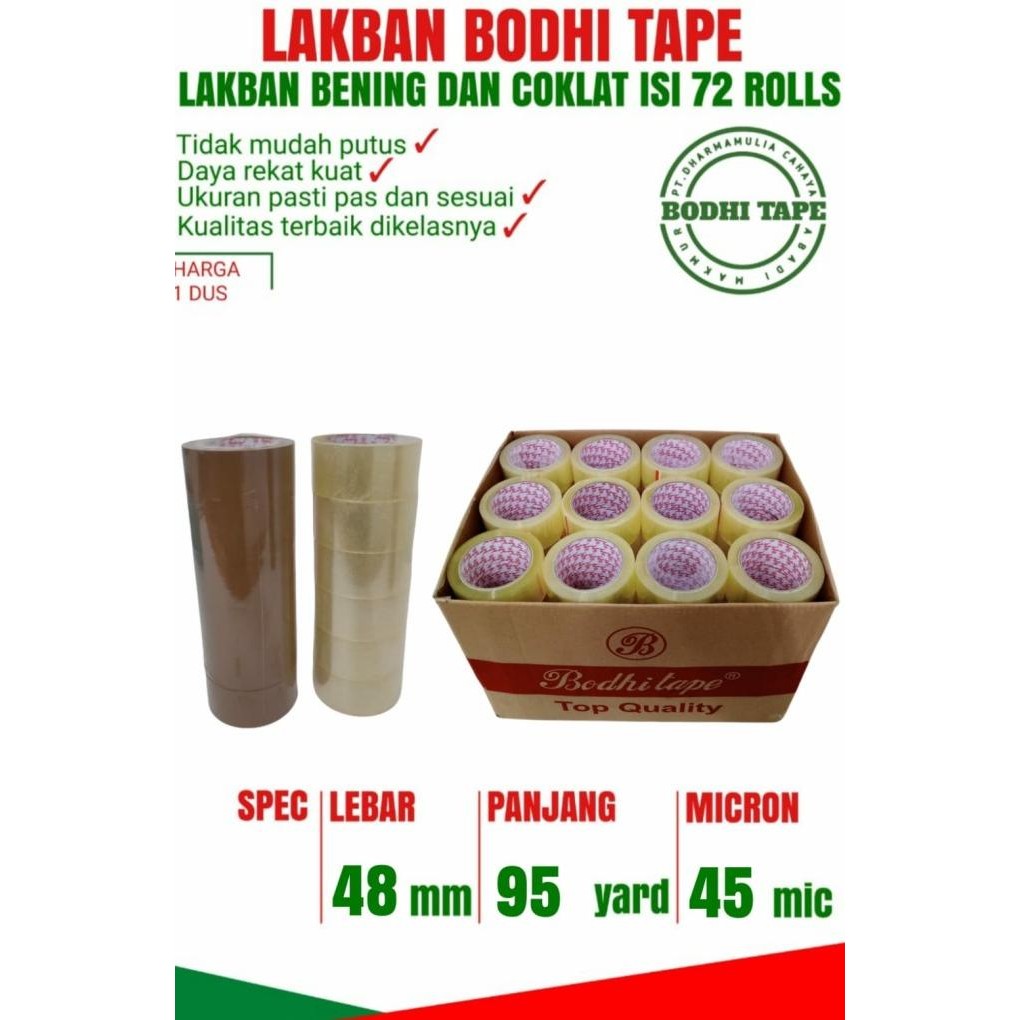 

LAKBAN BENING/COKLAT BODHI TAPE UKURAN 48MM X 95YARD 1 DUS ASLI