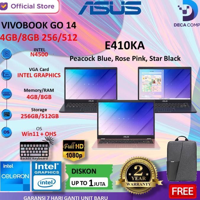 Asus Vivobook Go 14 E410Ka Intel N4500 Ram 4Gb/8Gb 256Gb/320Gb Win 11 14.0 Fhd Backlit Kb/L410Ma Int