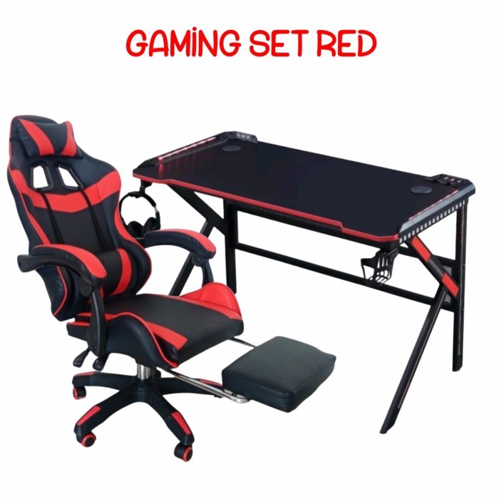 MEJA DAN KURSI GAMING SET BLACK RED