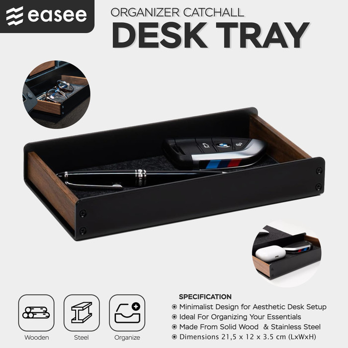 

Wooden Desk Tray Organizer Box - Catchall Wood with Metal Felt Premium