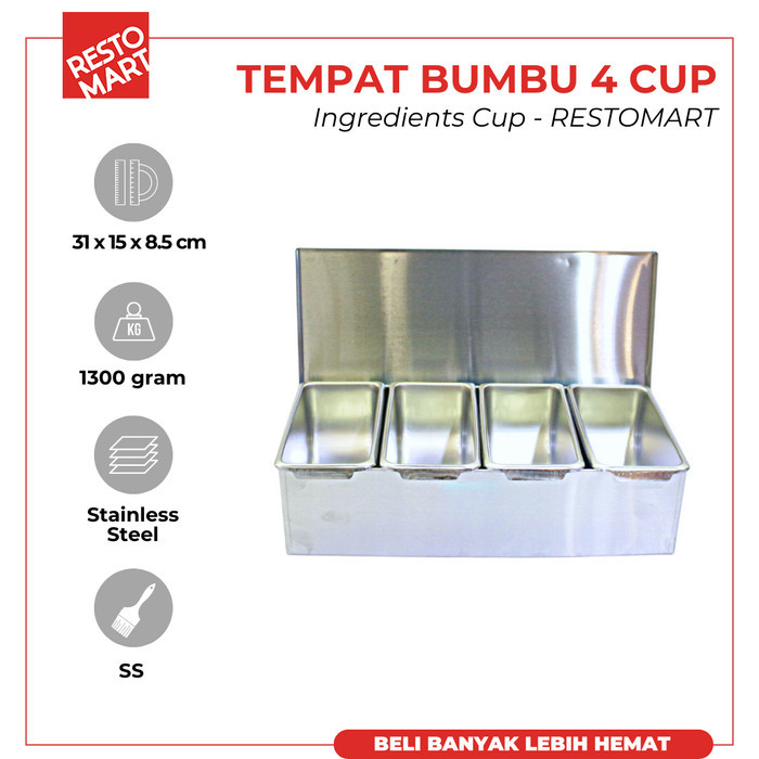 

PROMO SPECIAL Ingredients Cup / Tempat bumbu 4 cup RESTOMART Stainless (2813034)