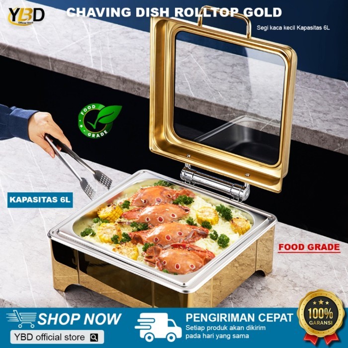 Roll Top Prasmanan Gold Chafing Dish 6 Liter Segi Kecil Kaca / Dapur