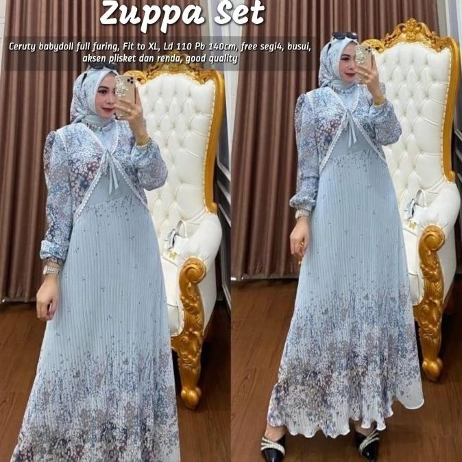 Baju Gamis Wanita Muslim Zuppa Set Dress Jilbab Ceruti Plisket Motif Cantik Fashion Perempuan Dewasa