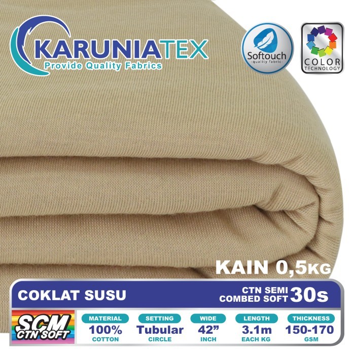 

Bahan Kaos Cotton Semi Combed 30s 0,5 Kg Coklat Susu