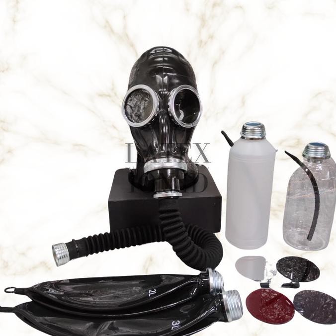 Latexion.id | Latex Gas Mask Hood Control Pernafasan Botol Negatif Logam Konektor 1L 2L Topeng Polos