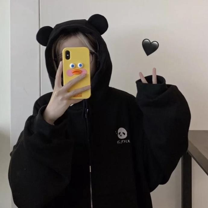 JAKET ZIPPER PANDA CUTE WANITA JACKET HOODIE ALA KOREA BERTOPI TELINGA