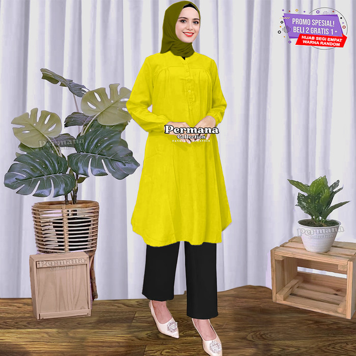 Tunik Baju Atasan Wanita Tunik Muslim Jumbo Lengan Panjang Warna Orange - Lemon, XL kekinian kekinia