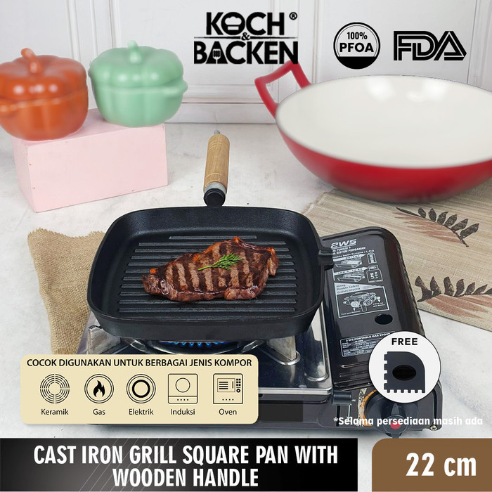 KOCH&BACKEN Cast Iron Grill Square Pan 22cm - Wajan Panggang