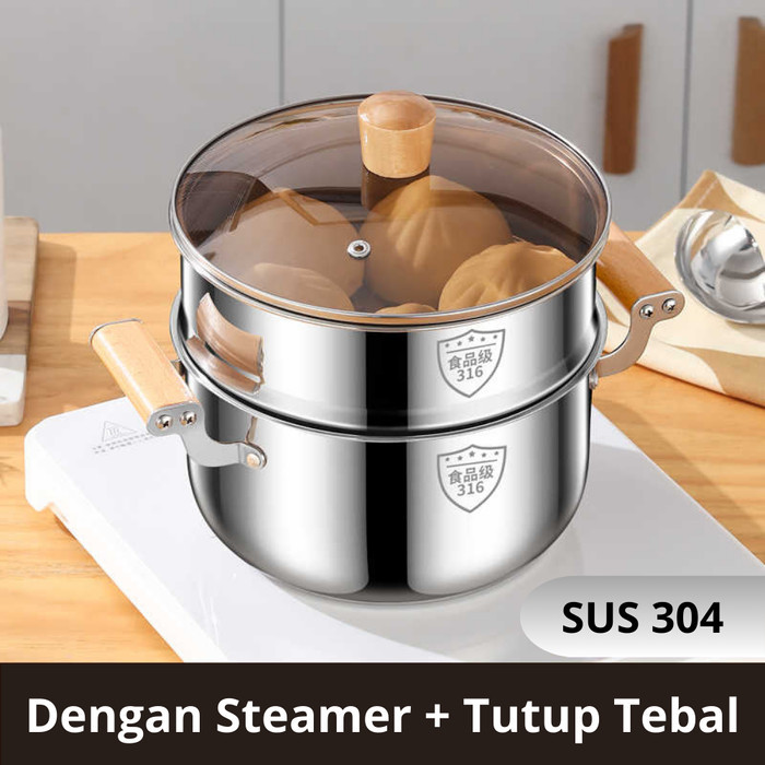 Ollahome Panci Stainless Steel Tebal Dengan Tutup Panci Soup Panci Sayur Panci Steamer Kukusan SUS