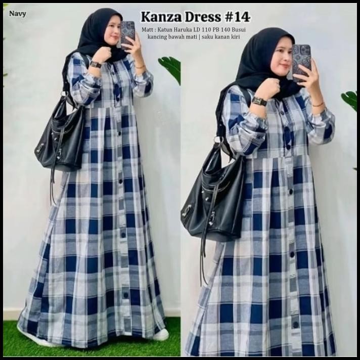 terbaru baju gamis wanita muslim kanza dress katun haruka garis kotak cantik fashion perempuan dewas