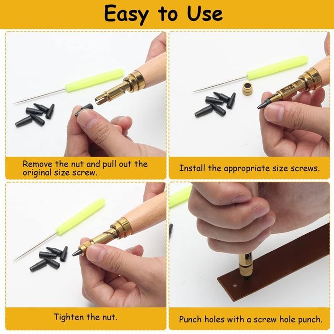 

ARF AdjustARFle Screw Punch, 6 Tip Sizes Belt Hole Puncher, Wood Handle Leather Hole Punch Tool for Sewing Leather Wood Color