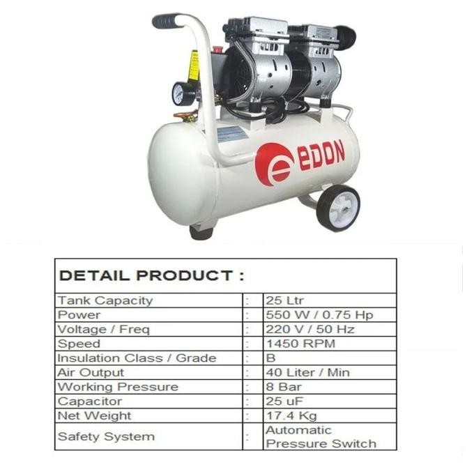 KOMPRESOR ANGIN KOMPRESOR OILLESS COMPRESSOR 3/4 HP 25 LITER EDON