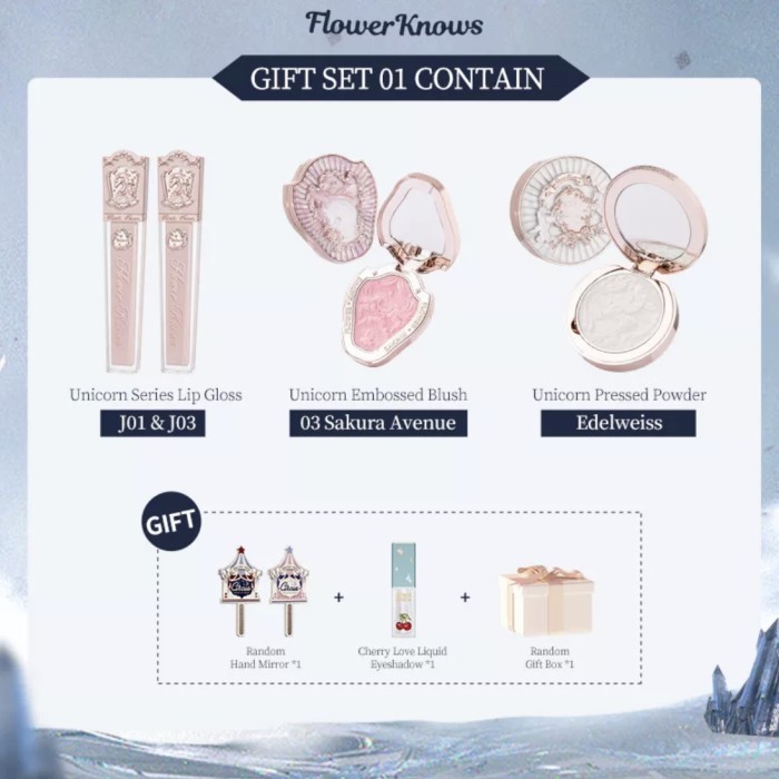 CUCI GUDANG Flower knows unicorn series makeup set crystal lip gloss/embossed blus