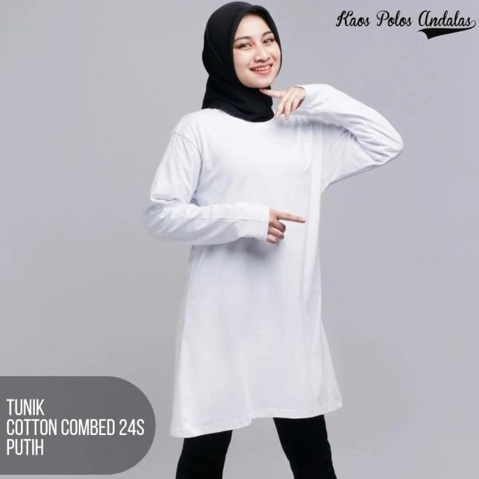 KAOS POLOS TUNIK UNTUK MUSLIMAH BAHAN KATUN COMBED 24S WARNA PUTIH
