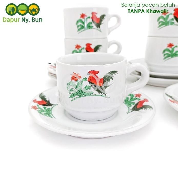 Diskon 6 Pasang Cangkir Set Kopi Motif Ayam Jago Jadul / Gelas & Saucer
