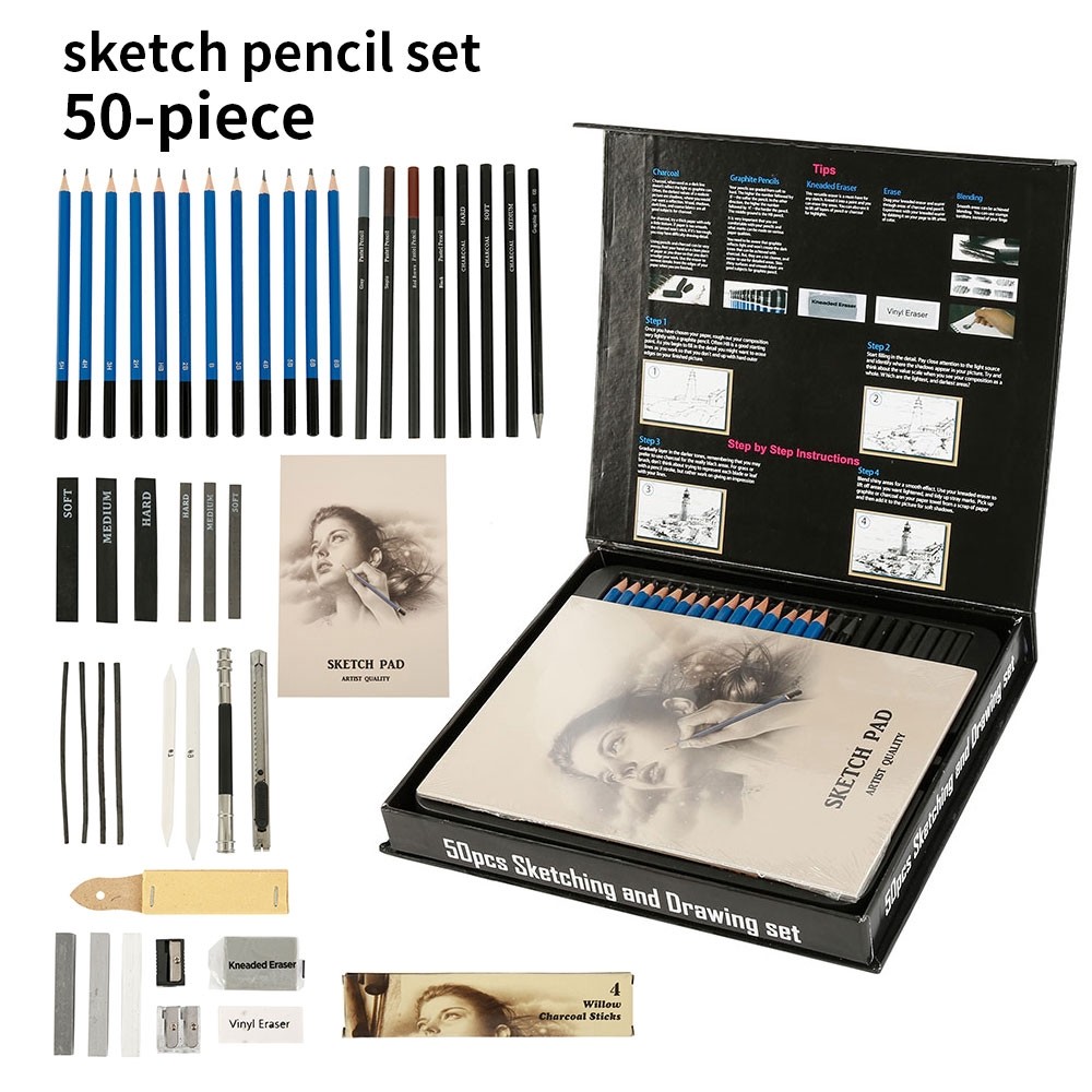 

50 pcs/set Profesional Menggambar Kit Pensil Sketsa Arang Pensil Lukisan Alat Perlengkapan Seni |646E4E71|