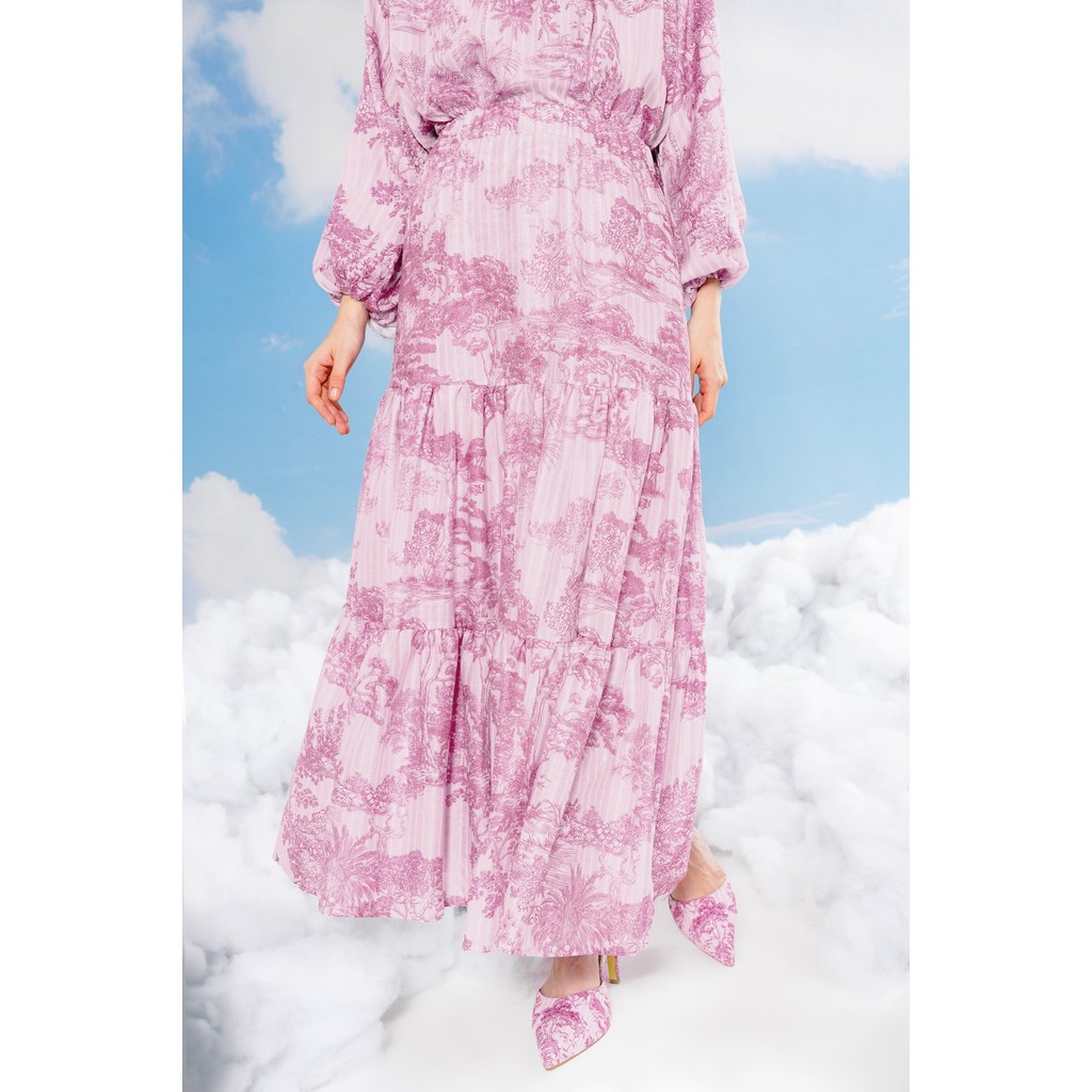Benang Jarum - Forest Toile Tiered Skirt - Carmine Rose