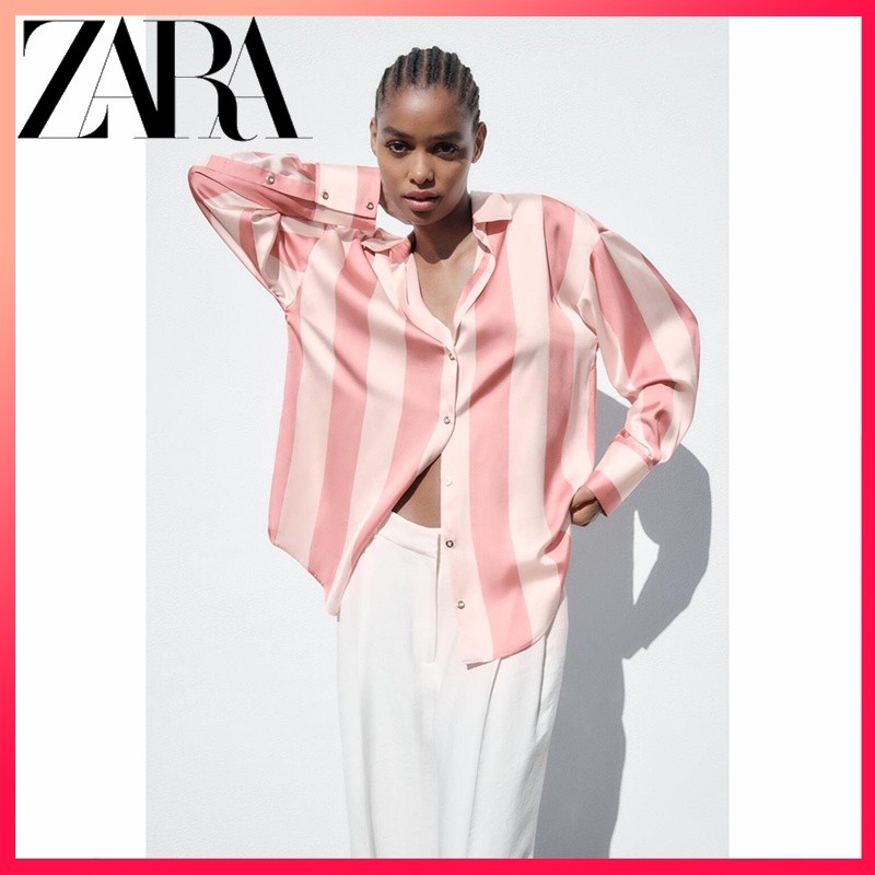 ZARA Kemeja Bergaris Longgar Tekstur Satin Sutra Wanita Baru |2872BD34|