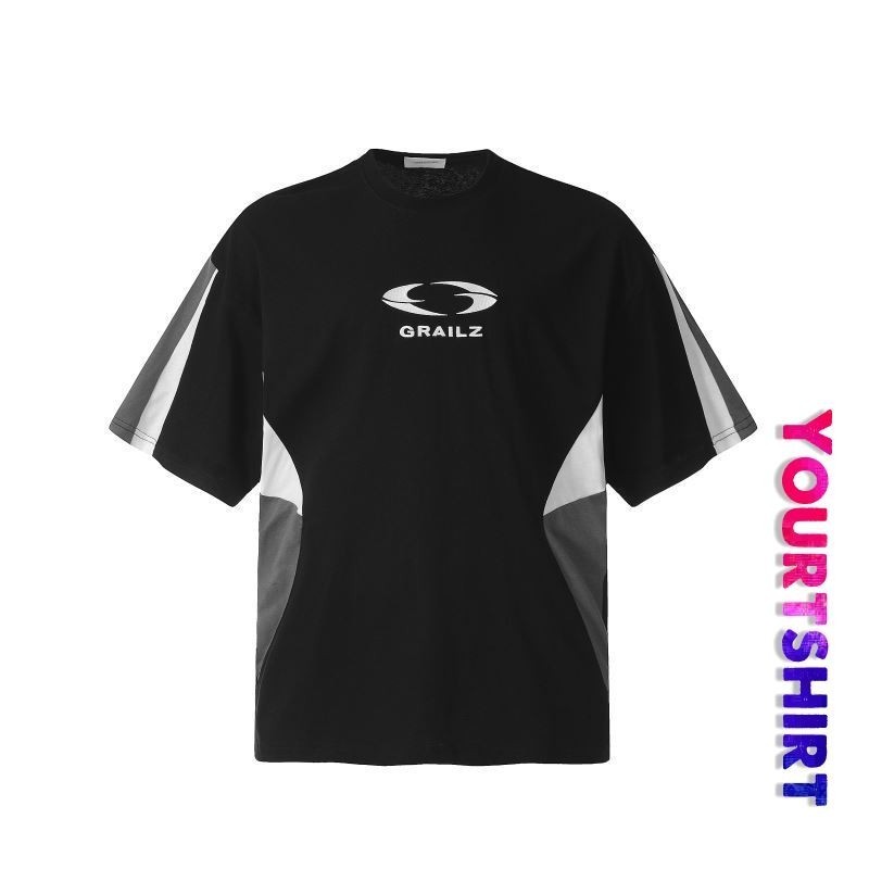 # T44 Kaus Grafis Penyambungan Korea Penyambungan Gadis Keren Katun Antik Crewneck Mode Pemblokiran 