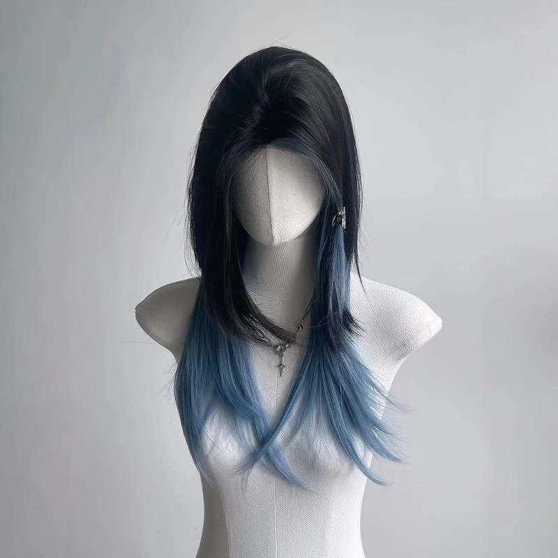 【Ekor Serigala Hitam dan Biru】Wig Wanita Musim Panas, Wig Anak Perempuan Lurus Panjang, Kepala Jangk