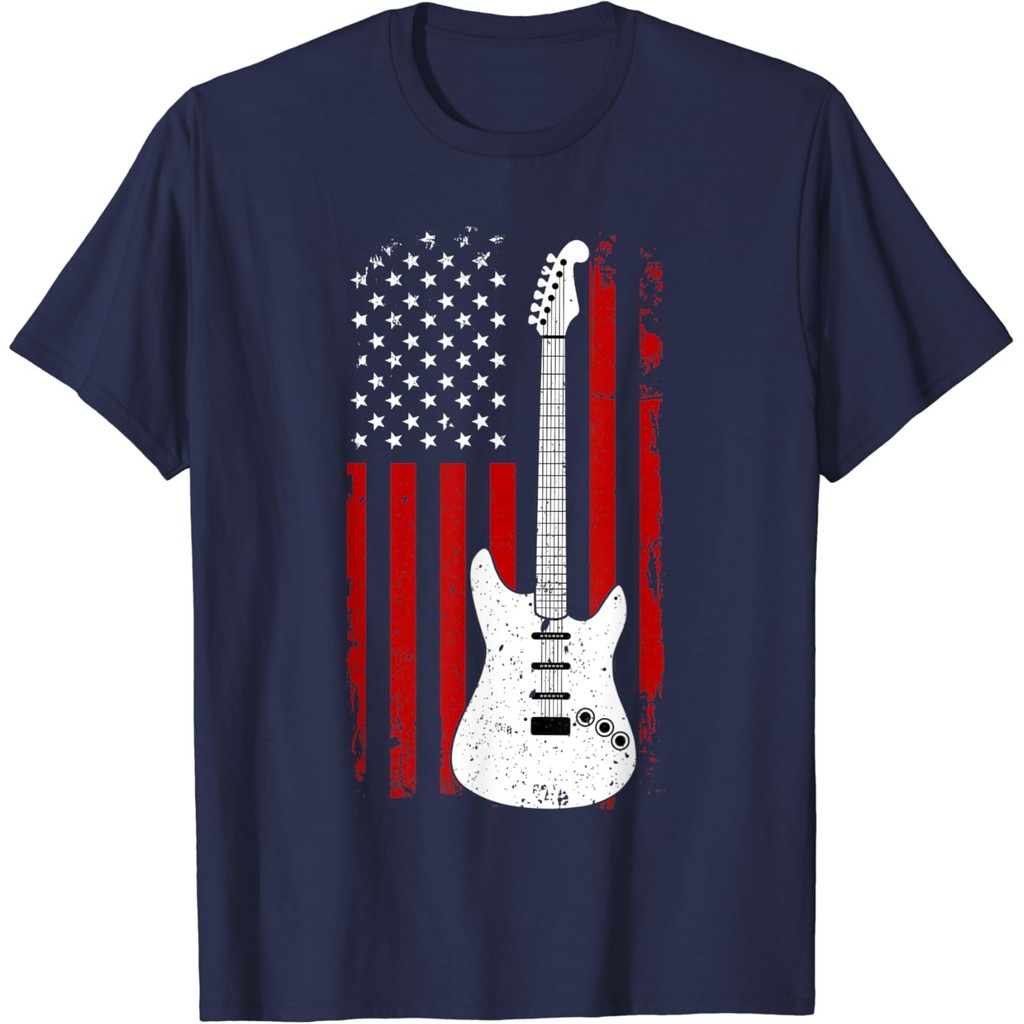 Kaos katun pria hitam Gitaris Amerika Bendera AS Pemutar Musik Gitaris Listrik Hadiah Kaos Kaos puti