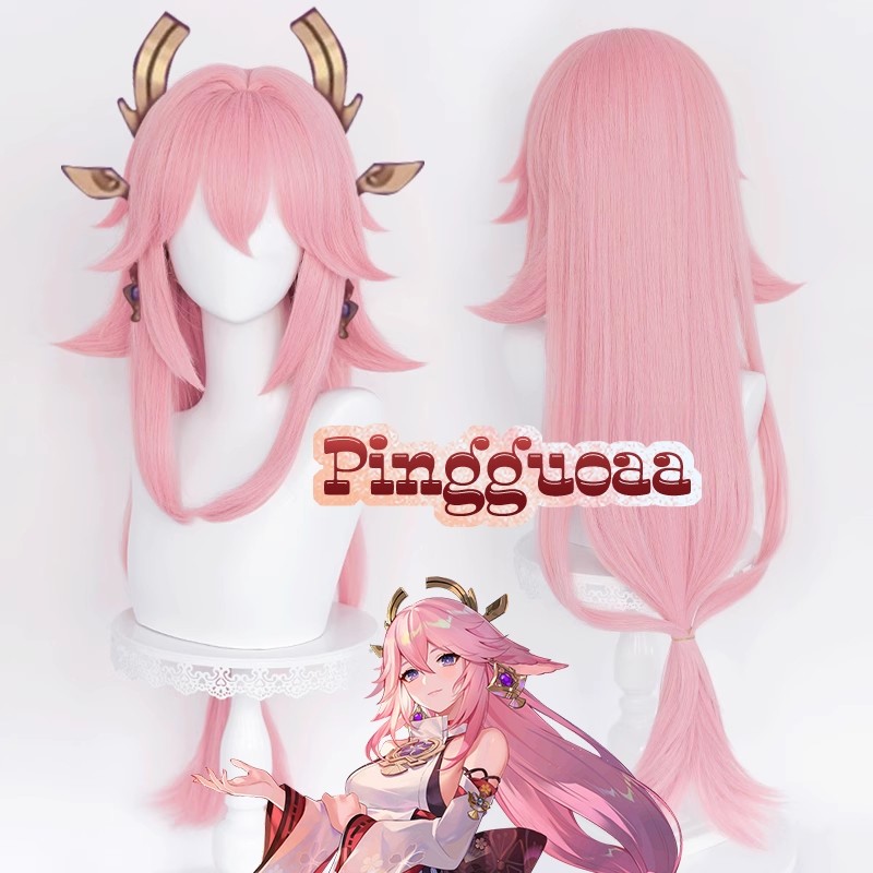 Genshin Impact Yae Guuji Cosplay Wig Merah Muda Panjang 85Cm Rambut Sintetis Tahan Panas Halloween |