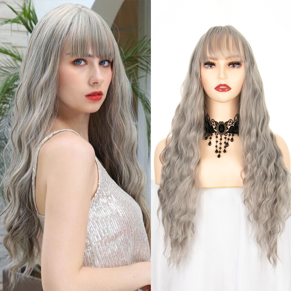 Wig Bergelombang Panjang dengan Poni Wig Abu-abu Merah Muda Ungu 28 Inci Rambut Keriting Alami Wig S