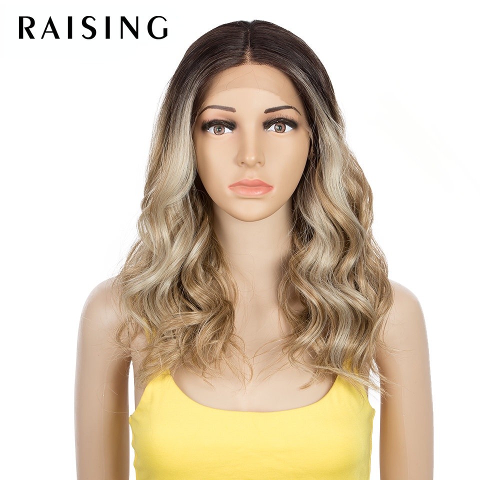 Wig Renda Sintetis Raising 20 Inci Wig Keriting Wig Pirang Ombre Wig Renda Sintetis untuk Wanita Wig
