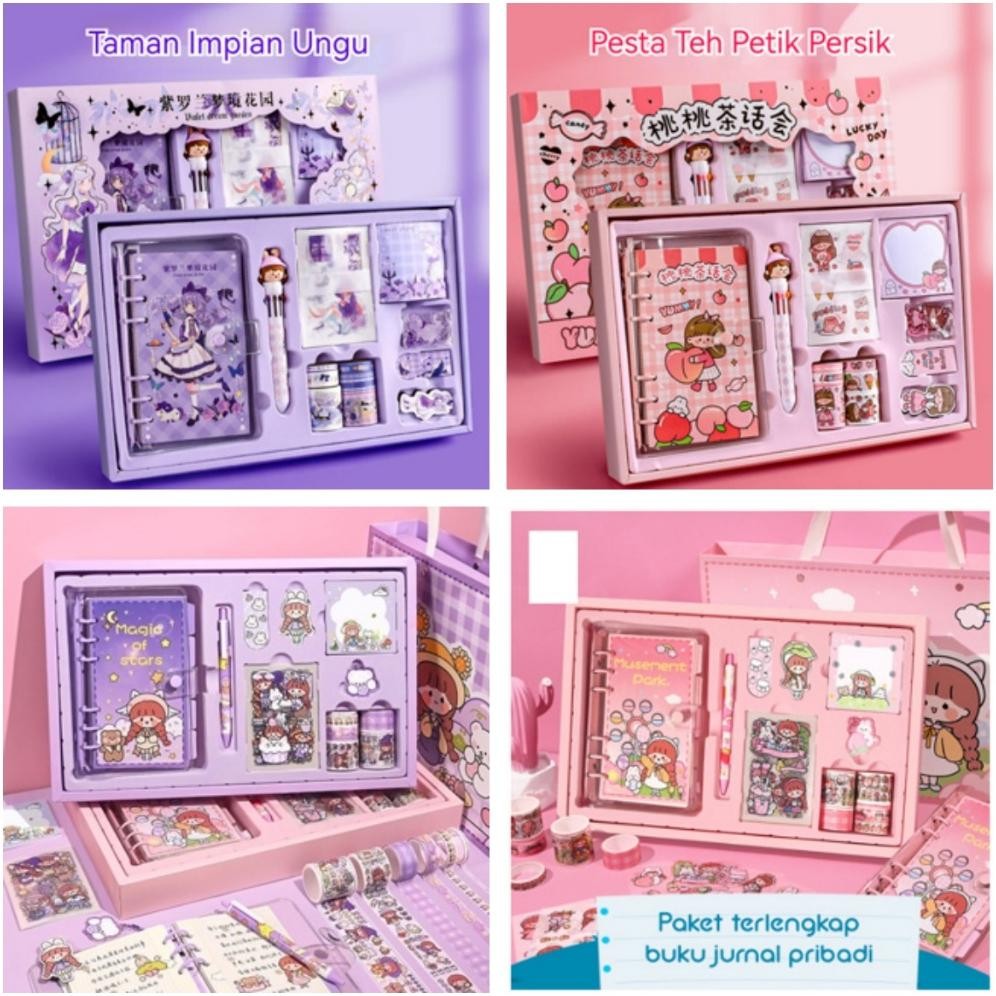 

fgs-3 Paket Jurnal Set/Gift Box Hampers anak/Hadiah / Notebook Journal Diary / 6 in 1 Boba Alat Buku Tulis Lengkap Scrapbook Cute Girl Sanrio Cinnamoroll My Melody Kuromi Panda Peach Kelinci Duffy Cat Sweetheart Cake Shop Import Grosir Ready COD Sale