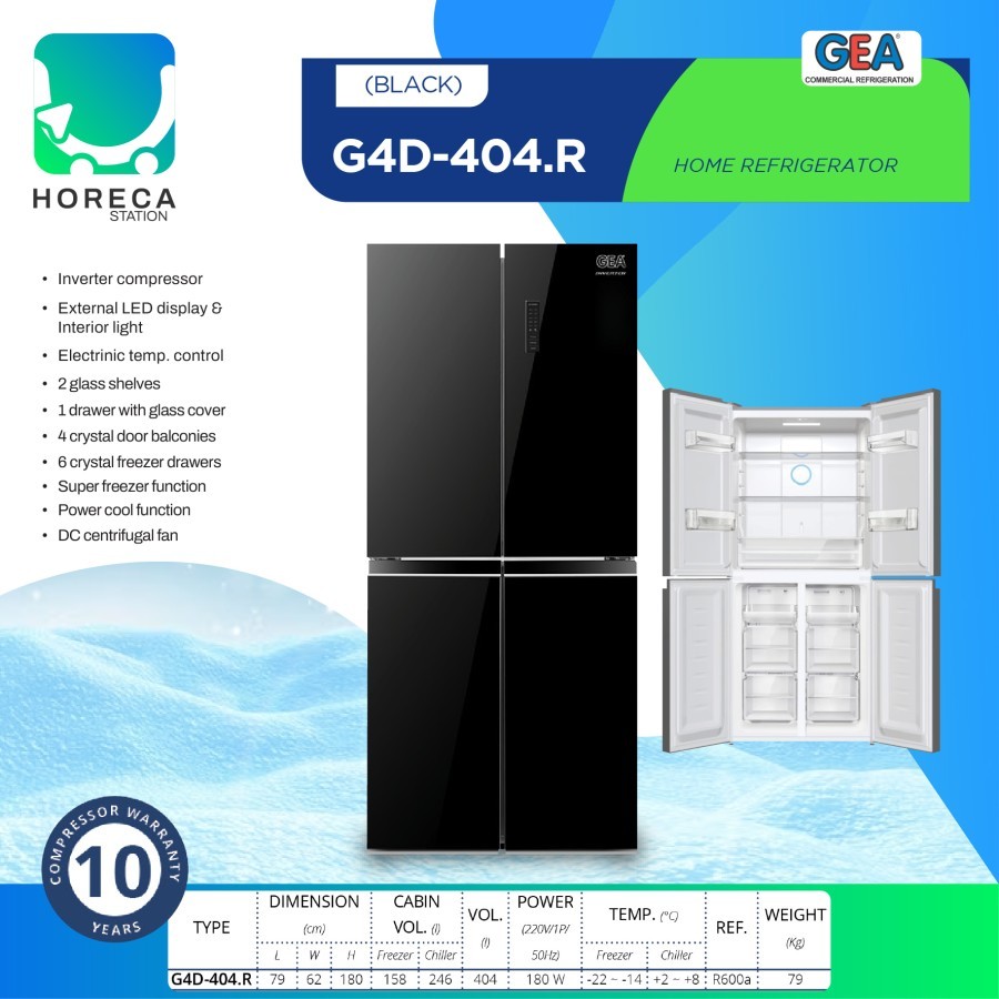 GEA Kulkas Rumah 4 Pintu BLACK GLASS G4D-404.R / G4D 404 R / G4D404R
