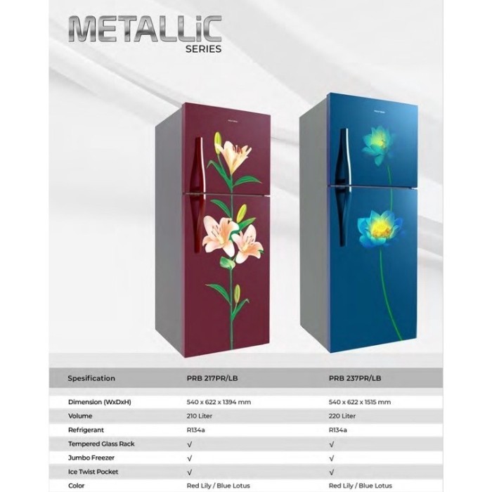 POLYTRON KULKAS 2 PINTU BEAUTY STEEL 210 LITER PRB 217PR PRB217 217LB
