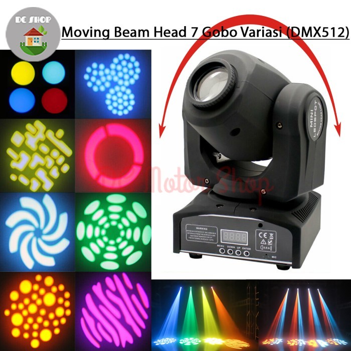 Mini Beam Moving Head Moving Beam Lampu Panggung 7 Gobo Variasi DMX512