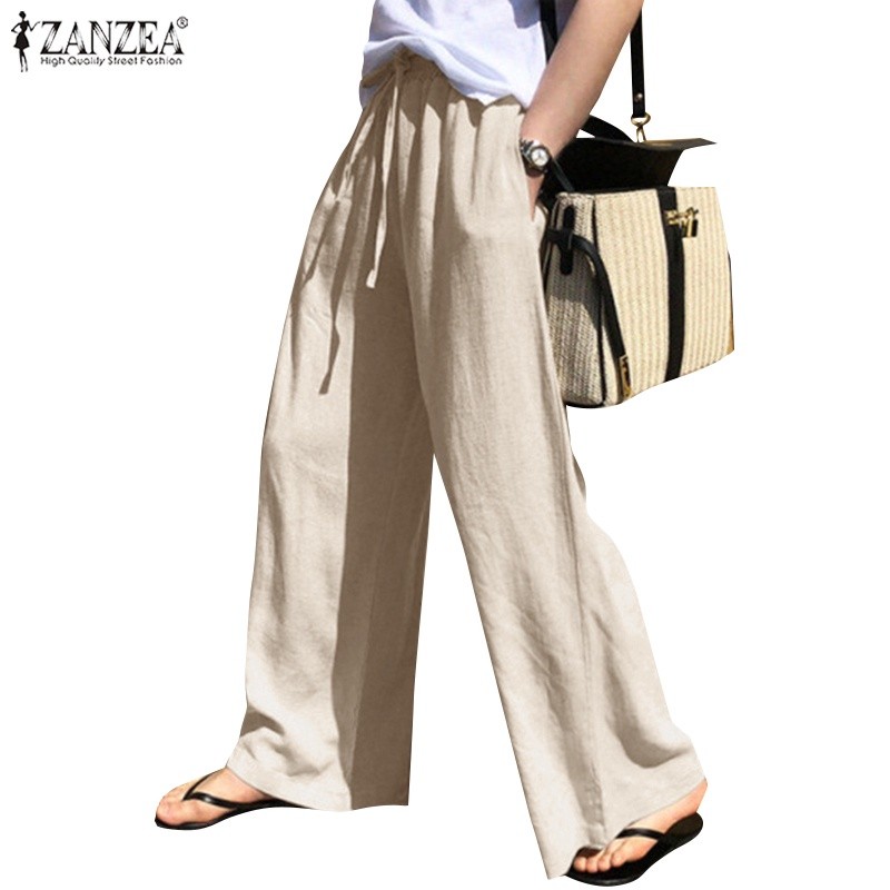 ZANZEA Celana Baggy Wanita Pinggang Elastis Kaki Lebar Longgar Tali Panjang |BCC71FC9|