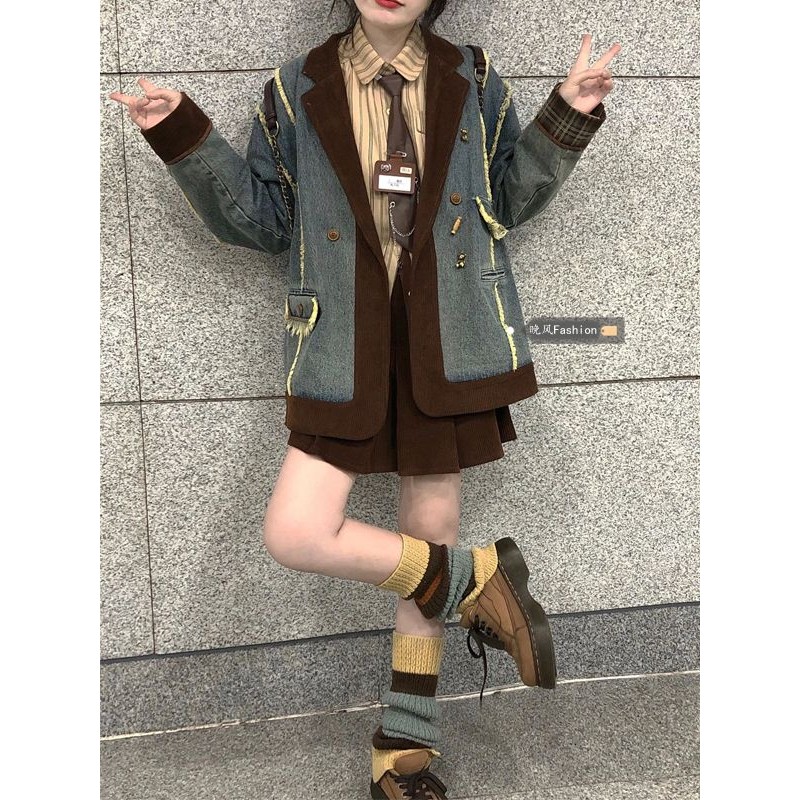 Jaket denim tambal sulam korduroi gaya retro setelan rok pinggang tinggi wanita bergaris