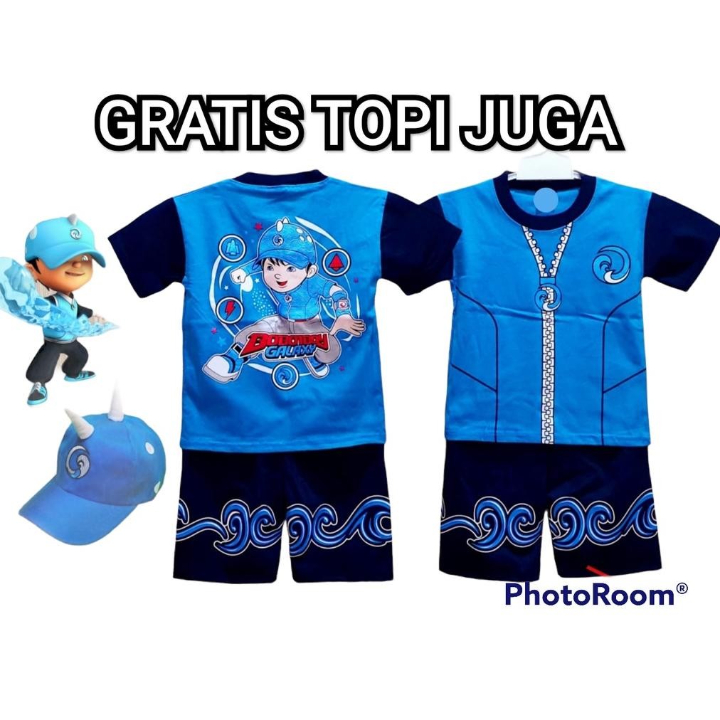 ORIGINAL setelan baju 1 set anak boboiboy free topi koleksi daun air halilintar solar boboiboy baju 